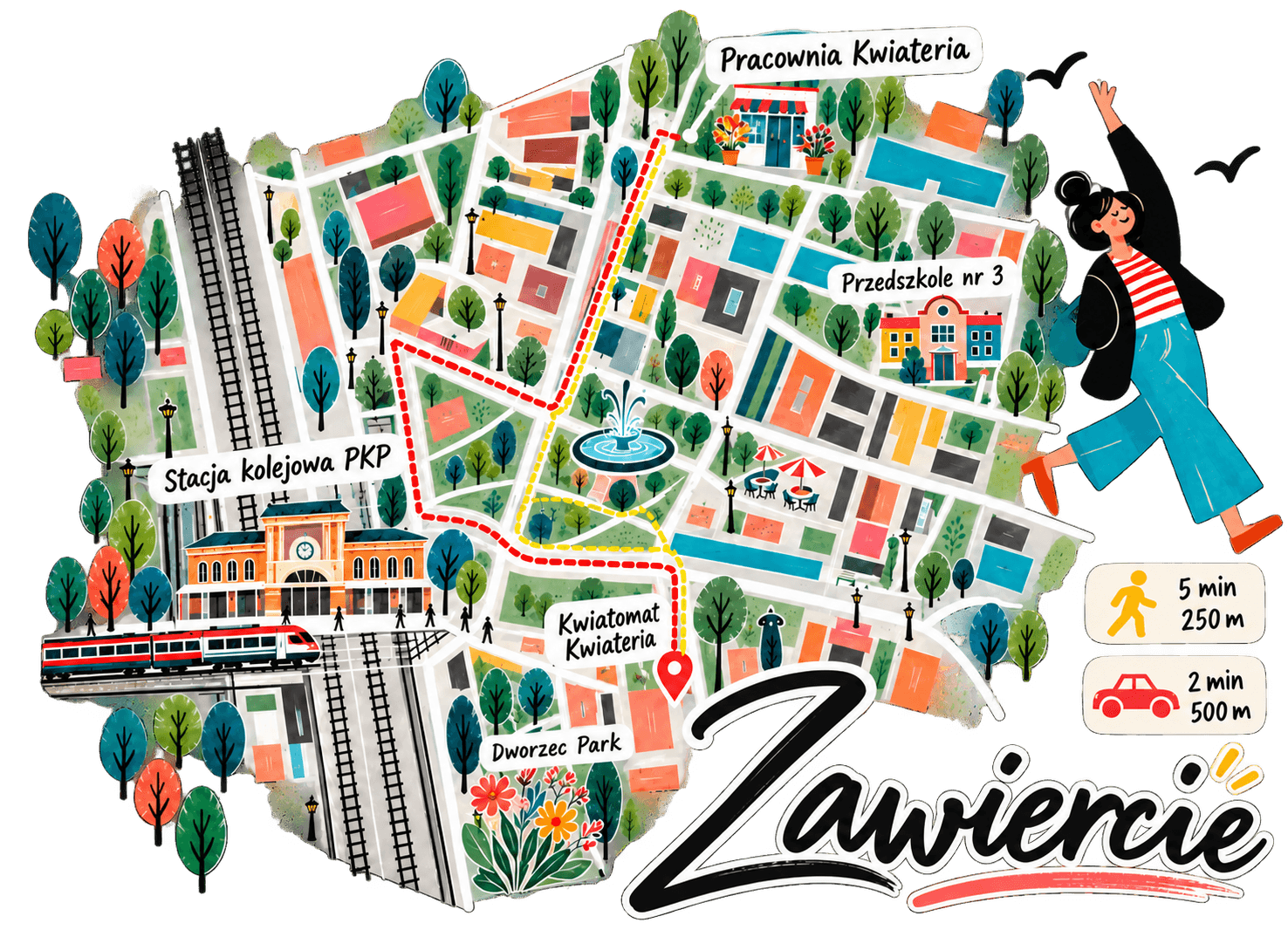 Ilustrowana mapa Zawiercia: pracownia Kwiateria przy ul. Zegadłowicza 13 oraz kwiatomat 24/7 przy Dworzec Park, w sąsiedztwie stacji PKP.